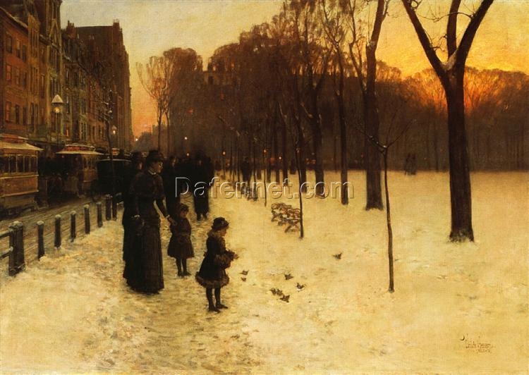 Authentic-Looking Impressionist Genre Painting “Boston Common at Twilight” by Childe Hassam – Dafen Village Creation, Oil Painting for Home and Office Spaces, Adored by Art Aficionados