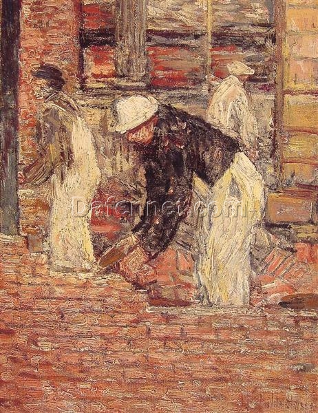Hand-Painted Replica of Childe Hassam’s “Bricklayers” (c.1900) – Intimate Impressionist Genre Oil Painting on Canvas Inspired by Dafen Village, Ideal for Art Aficionados and Small Space Decor