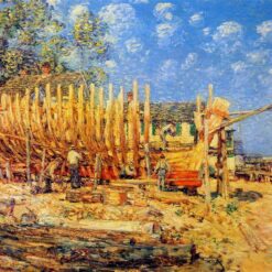 Dafen Village Inspired Reproduction of Childe Hassam's "Building a Schooner, Provincetown" (1900) - High-Quality Impressionist Genre Oil Painting for Sale, Ideal for Art Collections and Interior Design