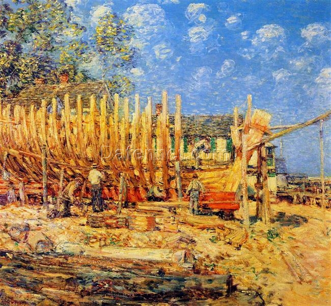 Dafen Village Inspired Reproduction of Childe Hassam’s “Building a Schooner, Provincetown” (1900) – High-Quality Impressionist Genre Oil Painting for Sale, Ideal for Art Collections and Interior Design