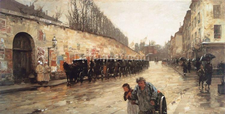 Hand-Painted Replica of Childe Hassam’s “Cab Station, Rue Bonaparte” (1887) – Charming Impressionist Genre Oil Painting on Canvas from Dafen Village, Ideal for Art Buffs and Parisian Atmosphere Seekers