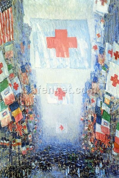 Authentic-Looking Impressionist Cityscape “Celebration Day” (1918) by Childe Hassam – Dafen Village Creation, Oil Painting for Home and Office Spaces, Adored by Art Aficionados