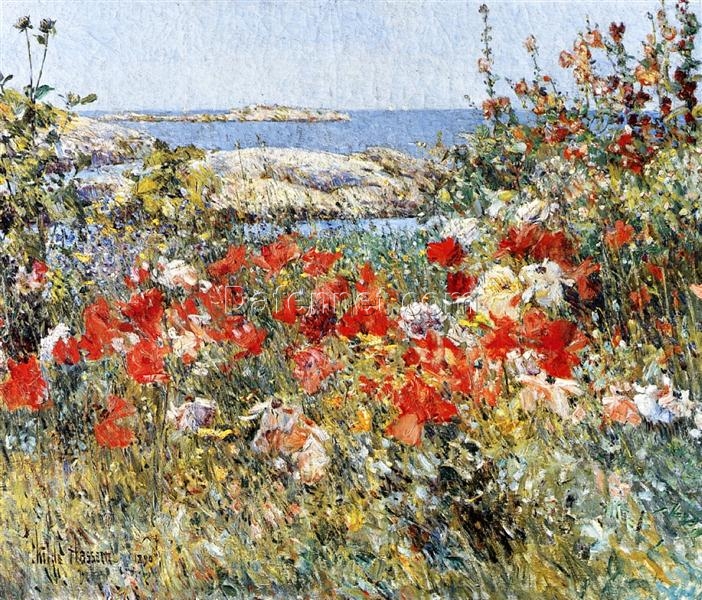 Hand-Painted Replica of Childe Hassam’s “Celia Thaxter’s Garden, Isles of Shoals, Maine” (1890) – Exquisite Impressionist Landscape and Flower Oil Painting on Canvas from Dafen Village, Ideal for Art Lovers and Nature Enthusiasts