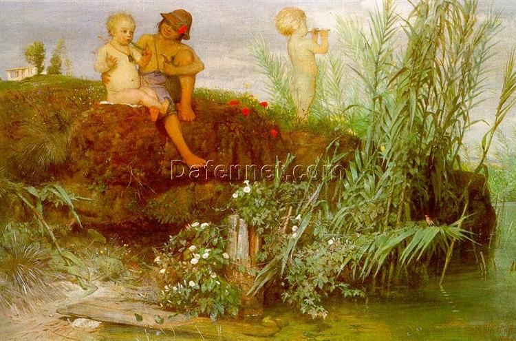 Genre Painting Replica Inspired by Arnold Böcklin: “Children Carving May Flutes” (1877 Symbolism) Oil on Canvas