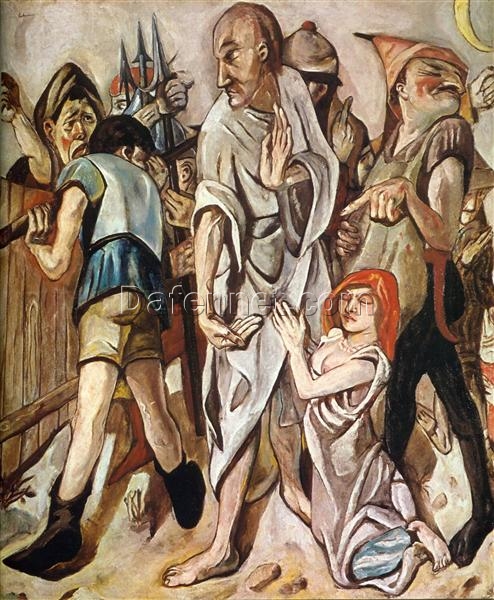 1917 Max Beckmann – Inspired Expressionist Religious Oil Painting: Christ and the Woman Taken in Adultery