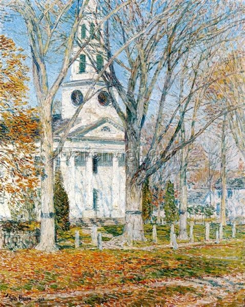 Dafen Village Inspired Reproduction of Childe Hassam’s “Church at Old Lyme” (1903) – High – Quality Impressionist Cityscape Oil Painting for Sale, Suitable for Art Collectors and Interior Design