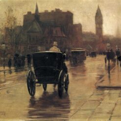 Authentic-Looking Impressionist Cityscape "Columbus Avenue, Rainy Day" (1885) by Childe Hassam - Dafen Village Creation, Oil Painting for Home and Office Spaces, Adored by Art Aficionados