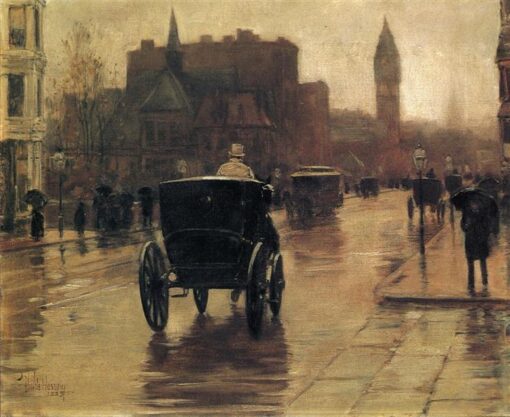 Authentic-Looking Impressionist Cityscape “Columbus Avenue, Rainy Day” (1885) by Childe Hassam – Dafen Village Creation, Oil Painting for Home and Office Spaces, Adored by Art Aficionados