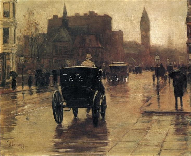 Authentic-Looking Impressionist Cityscape “Columbus Avenue, Rainy Day” (1885) by Childe Hassam – Dafen Village Creation, Oil Painting for Home and Office Spaces, Adored by Art Aficionados