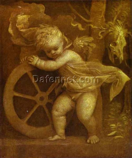 Cupid with the Wheel of Fortune Inspired by Titian – High Renaissance Mythological Oil Painting from DaFen Village Studio