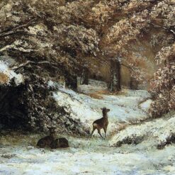 Gustave Courbet's Timeless 1866 'Deer Taking Shelter in Winter' - Realist Landscape Oil Painting on Canvas, A Tribute to Musée des Beaux-Arts de Lyon's Collection, Great for Interior Decoration