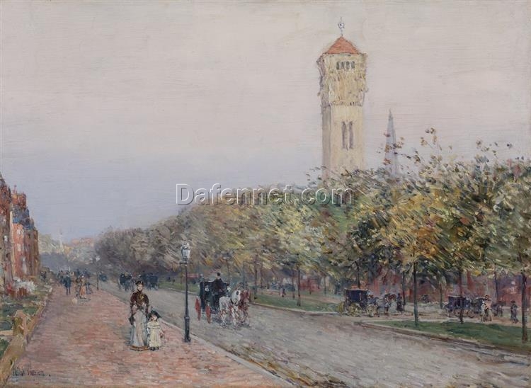 Authentic-Looking Impressionist Cityscape “Commonwealth Avenue, Boston” (1892) by Childe Hassam – Dafen Village Creation, Oil Painting for Home and Office Spaces, Adored by Art Aficionados