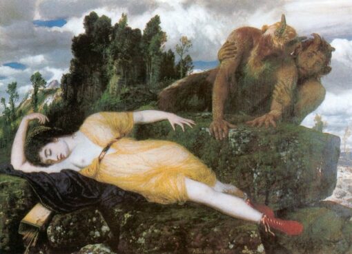 Sleeping Diana Watched by Two Fauns Inspired Oil Painting — Arnold Böcklin 1877 Symbolist Mythological Masterpiece Reproduction