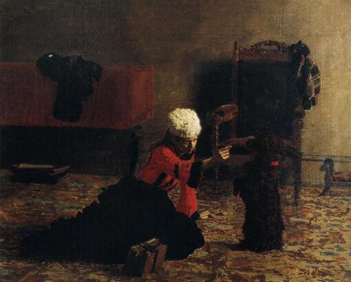 Vom Dorf Dafen inspirierte Reproduktion von Thomas Eakins’ “Elizabeth Crowell mit Hund” (1873–1874) – Hochwertiges realistisches Genrebild in Öl zu verkaufen, ideal für Kunstsammlungen und Innenarchitekten, die nach herzerwärmenden Motiven suchen