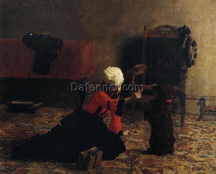 Dafen Village Inspired Reproduction of Thomas Eakins’ “Elizabeth Crowell with a Dog” (1873 – 1874) – High-Quality Realist Genre Oil Painting for Sale, Great for Art Collections and Interior Designers Seeking Heartwarming Scenes