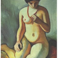 Authentic Reproduction of August Macke's 'Female Nude with Coral Necklace' (1910) - Expressionist Nude Oil Painting on Cardboard