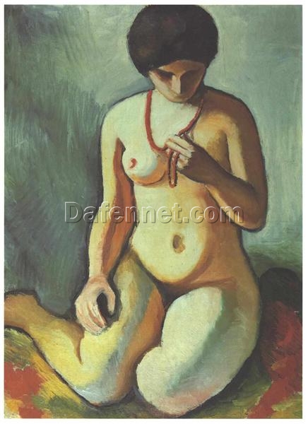 Authentic Reproduction of August Macke’s ‘Female Nude with Coral Necklace’ (1910) – Expressionist Nude Oil Painting on Cardboard