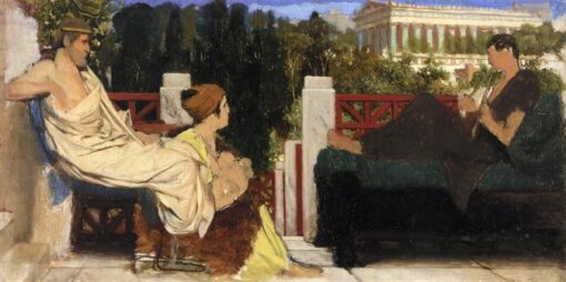 Exquisito boceto al óleo pintado a mano, inspirado en la obra de Sir Lawrence Alma-Tadema ‘Figuras en la terraza junto a la Acrópolis’ (c. 1870-1874) – Una delicada réplica romántica realizada por artistas de la aldea de Dafen para los amantes del arte y los aficionados a la historia de la Antigua Grecia