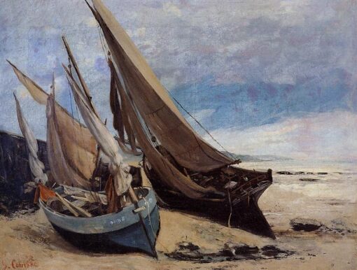 Originalgetreue Reproduktion des Gemäldes ‘Fischerboote am Strand von Deauville’ von Gustave Courbet aus dem Jahr 1866 – Realistisches Ölgemälde auf Leinwand, das den Geist des Originals aus einer Privatsammlung einfängt – perfekt für Kunstsammler und Strandliebhaber