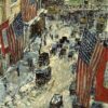 Hand-Painted Replica of Childe Hassam's "Flags on 57th Street, Winter" (1918) - Striking Impressionist Cityscape Oil Painting on Linen from Dafen Village, Ideal for Art Lovers and New York Enthusiasts