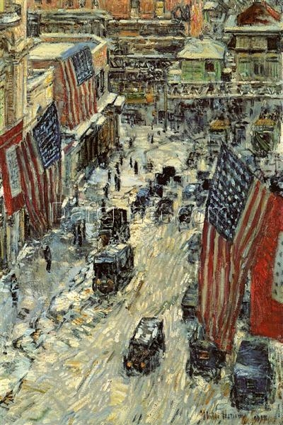 Hand-Painted Replica of Childe Hassam’s “Flags on 57th Street, Winter” (1918) – Striking Impressionist Cityscape Oil Painting on Linen from Dafen Village, Ideal for Art Lovers and New York Enthusiasts