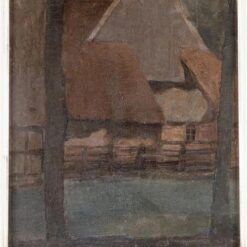 Customizable Hand - Painted "Gable Farm with Trees" Inspired by Piet Mondrian's Post - Impressionist Landscape for Art Collectors and Design Enthusiasts