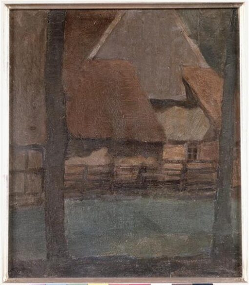Customizable Hand – Painted “Gable Farm with Trees” Inspired by Piet Mondrian’s Post – Impressionist Landscape for Art Collectors and Design Enthusiasts