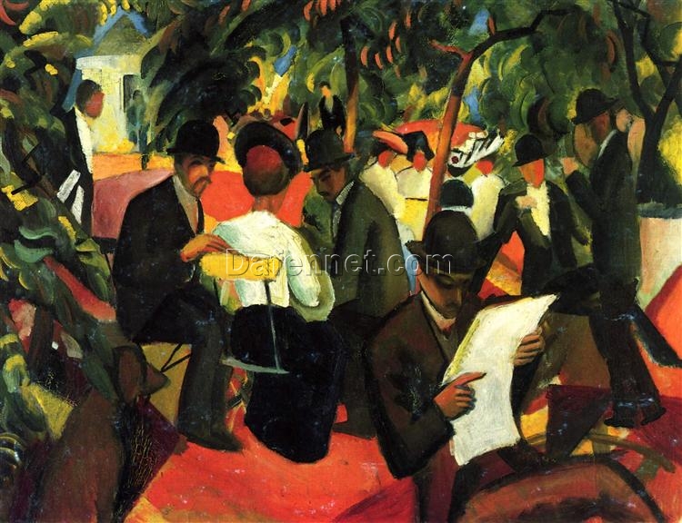 Exquisite Dafen Village Reproduction Inspired by August Macke’s ‘Garden Restaurant’ (1912) – 81×105 cm Expressionist Genre Painting Oil on Canvas for Art Collectors