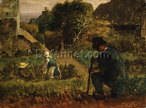 Hand-Painted Realist Genre Painting “Garden Scene” INSPIRED BY Jean-Francois Millet – Intricately Crafted by Dafen Village Artisans for Art Aficionados of Small – Scale Masterpieces