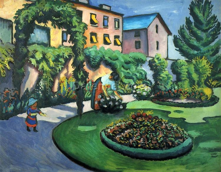 Authentic Dafen Village Reproduction of August Macke’s ‘Gartenbild’ (1911) – Expressionist Genre Oil on Canvas for Art Lovers