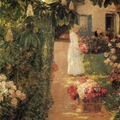 Hand-Painted Replica of Childe Hassam's "Gathering Flowers in a French Garden" (1888) - Delightful Impressionist Genre Oil Painting on Canvas from Dafen Village, Ideal for Art Connoisseurs and Garden Lovers