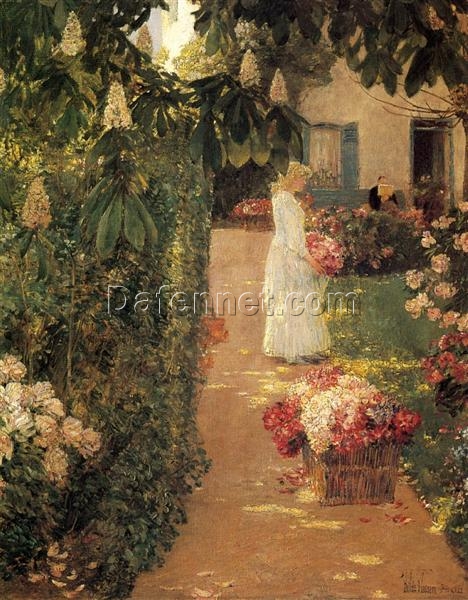 Hand-Painted Replica of Childe Hassam’s “Gathering Flowers in a French Garden” (1888) – Delightful Impressionist Genre Oil Painting on Canvas from Dafen Village, Ideal for Art Connoisseurs and Garden Lovers
