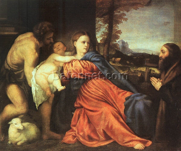 Holy Family and Donor Inspired by Titian – High Renaissance Religious Oil Painting from Da Fen Village Studio