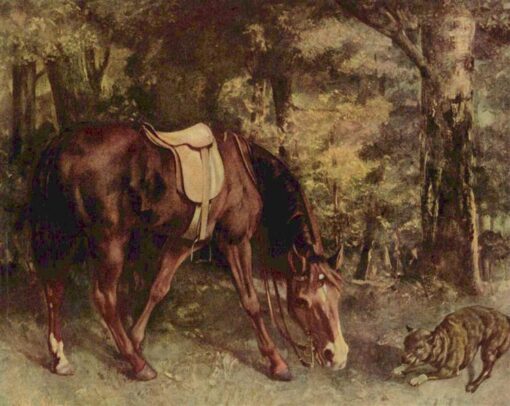 Authentically Rendered 1863 ‘Horse in the Woods’ by Gustave Courbet – Realist Oil Canvas Animal Painting, 108×133 cm, Capturing the Spirit of Courbet’s Original, Perfect for Art Collectors
