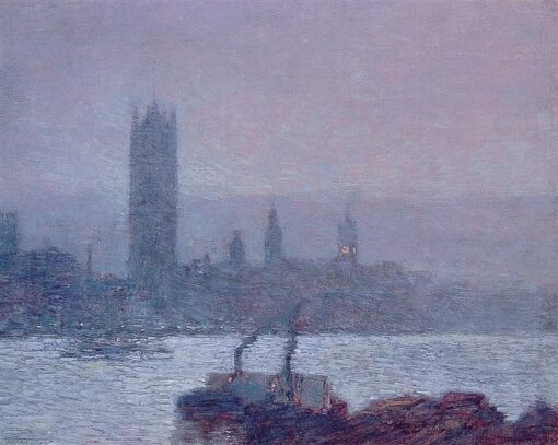Authentic-Looking Impressionist Cityscape “Houses of Parliament, Early Evening” (1898) by Childe Hassam – Dafen Village Creation, Oil Painting for Home and Office Spaces, Adored by Art Lovers