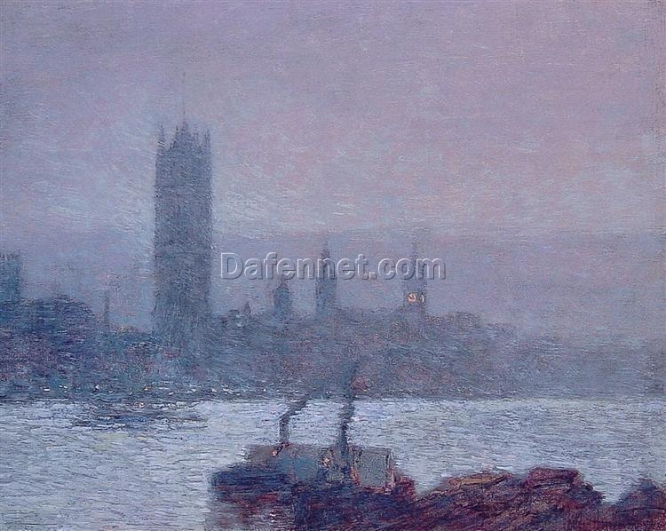Authentic-Looking Impressionist Cityscape “Houses of Parliament, Early Evening” (1898) by Childe Hassam – Dafen Village Creation, Oil Painting for Home and Office Spaces, Adored by Art Lovers
