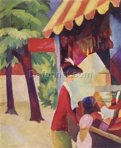 High – Quality Hand – Painted Replica from Dafen Village – August Macke’s 1913 ‘In Front of the Hat Shop (woman with red jacket and child)’ Orphism Genre Painting Oil on Canvas