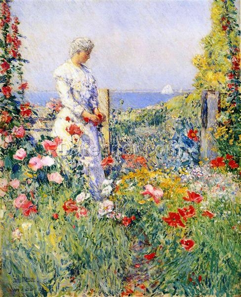 Dafen Village Inspired Reproduction of Childe Hassam’s “In the Garden (Celia Thaxter in Her Garden)” – High-Quality Impressionist Genre Oil Painting for Sale, Great for Art Collections and Interior Design