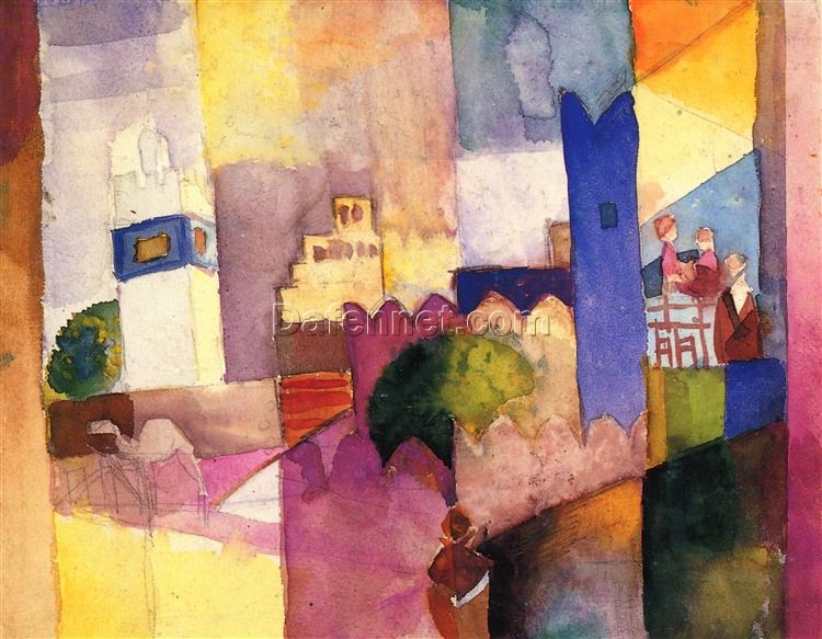 Authentic Dafen Village Reproduction Inspired by August Macke’s ‘Kairouan (III)’ – 22.5×29 cm Orphic Cityscape Oil Painting for Art Aficionados