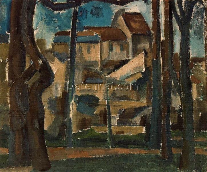 Unique Handmade Oil Painting in the Style of Andre Derain’s 1909 ‘Landscape of Carriéres’ – Cubist – Post – Impressionist Cityscape from Dafen Village, a Must – Have for Discerning Art Collectors Searching for Inspired Artworks
