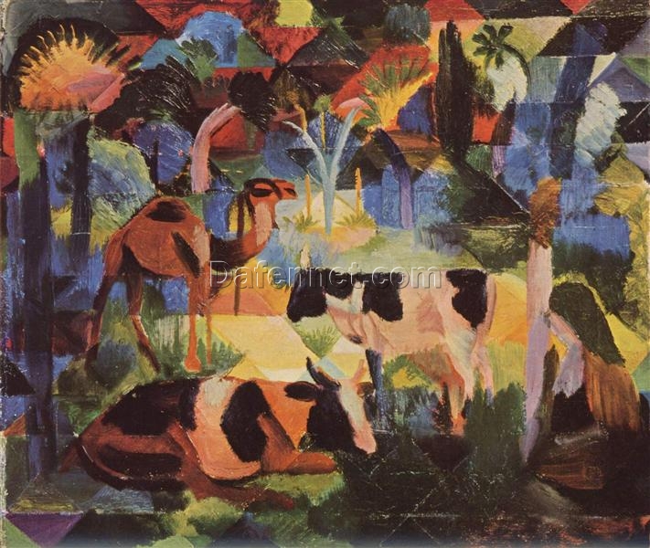 Exquisite Hand – Painted Reproduction from Dafen Village – August Macke’s 1914 ‘Landscape with Cows and a Camel’ Orphist Animal Canvas Oil Painting