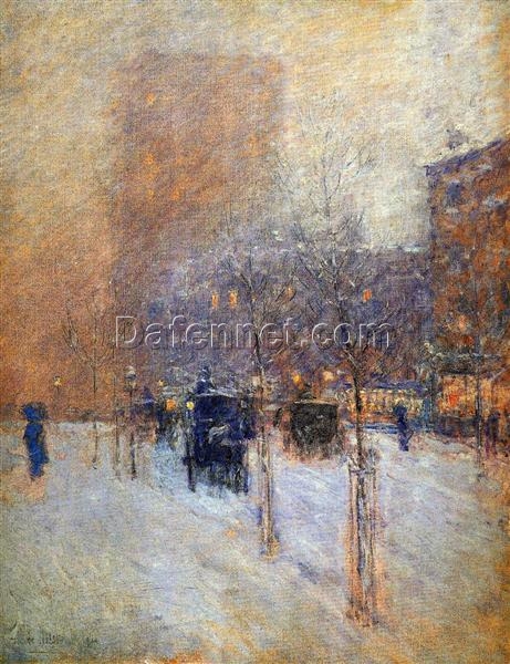 Authentic – Looking Impressionist Cityscape “Late Afternoon, New York, Winter” (1900) by Childe Hassam – Dafen Village Creation, Oil Painting for Home and Office Decoration, Loved by Art Aficionados