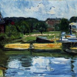 Custom Oil Painting Inspired by Edvard Munch’s Lübeck Harbour with the Holstentor – Hand-Painted Expressionist Cityscape Reproduction from DaFen Village Studio | Fine Art for Home and Office Décor