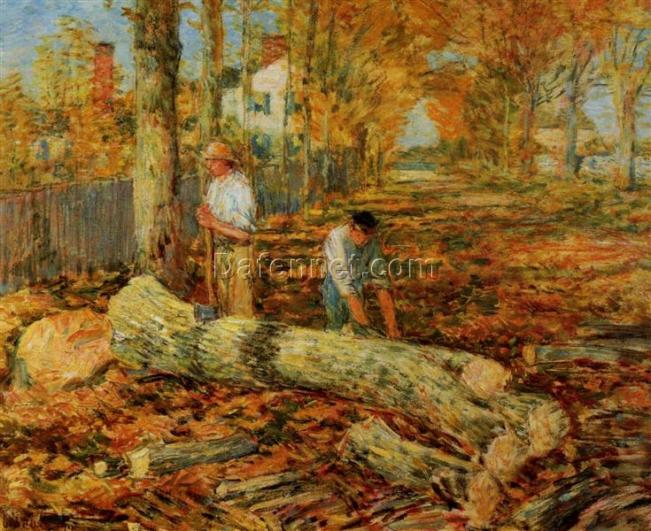 Authentic-Looking Impressionist Genre Painting “Lumbering” (1903) by Childe Hassam – Dafen Village Creation, Oil Painting for Home and Office Spaces, Adored by Art Aficionados and Nature and Industry Aficionados