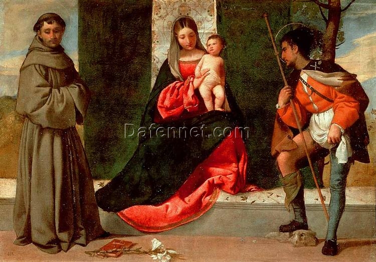 Madonna and Child with Sts. Anthony of Padua and Roch Inspired by Titian – High Renaissance Religious Oil Painting from Da Fen Village Studio