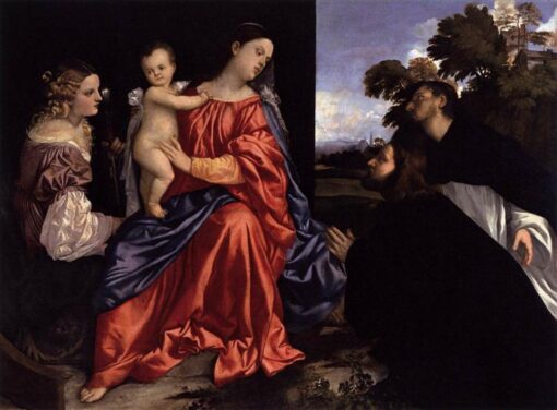 Madonna and Child with Sts Catherine and Dominic Inspired by Titian – High Renaissance Religious Oil Painting from Da Fen Village Studio