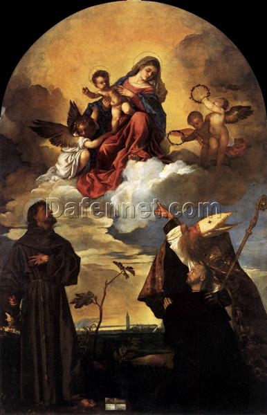 Madonna in Glory with Christ, Sts Francis and Alvise, and Donor by Titian – High Renaissance Religious Oil Painting Reproduction