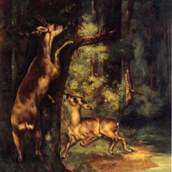 Gustave Courbet's Timeless 1864 'Male and Female Deer in the Woods' - Realist Animal Oil Painting on Canvas, A Tribute to Private Collection's Artwork, Great for Interior Decoration
