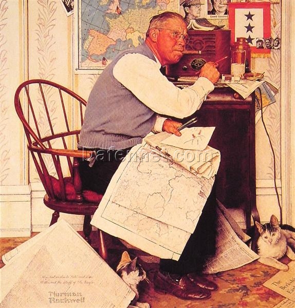 Dafen Village’s Authentic – looking Replica of Norman Rockwell’s 1944 ‘Man Charting W – Maneuvers’ – Ideal for Decorating with a Wartime Aesthetic