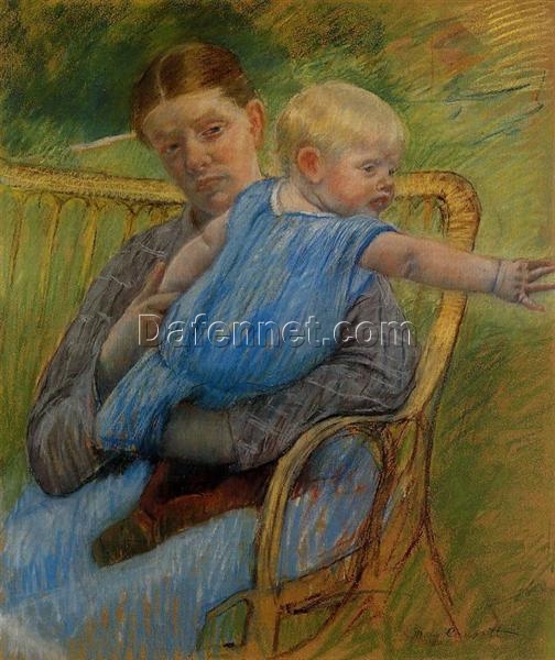Unique Hand-painted Impressionist Genre Painting Inspired by Mary Cassatt’s ‘Mathilde Holding a Baby Who Reaches out to the Right’ – Oil on Canvas from Dafen Village Artisans